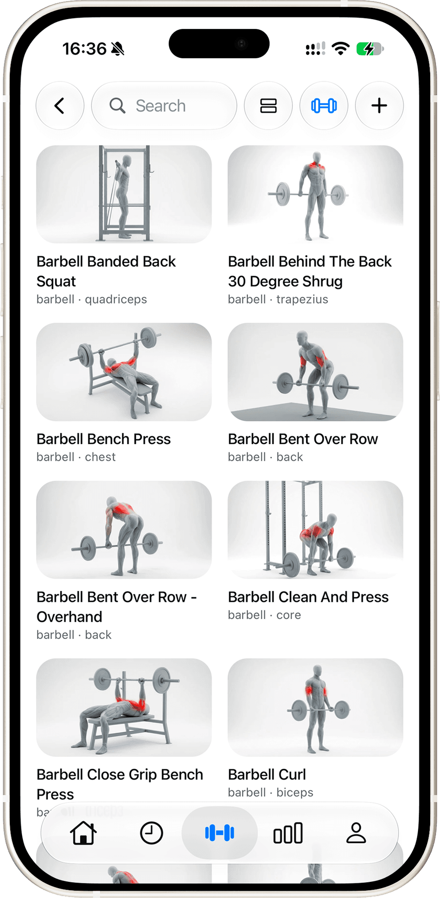 Pawer's exercise library, filtered to barbell exercises, with highlighted muscles