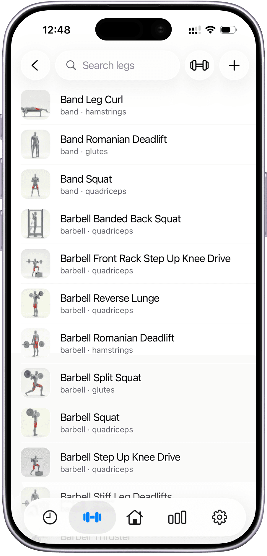 Searching the exercise library for leg exercises