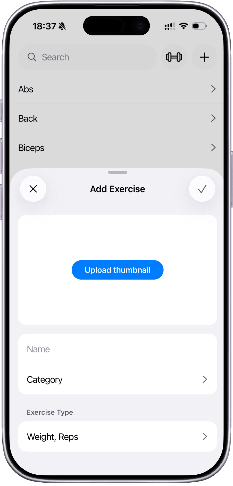 Adding a custom exercise with a thumbnail, category and exercise type