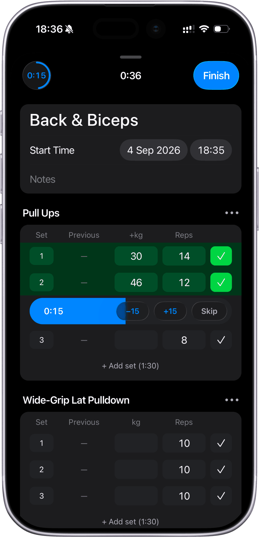 The same workout screen in dark mode
