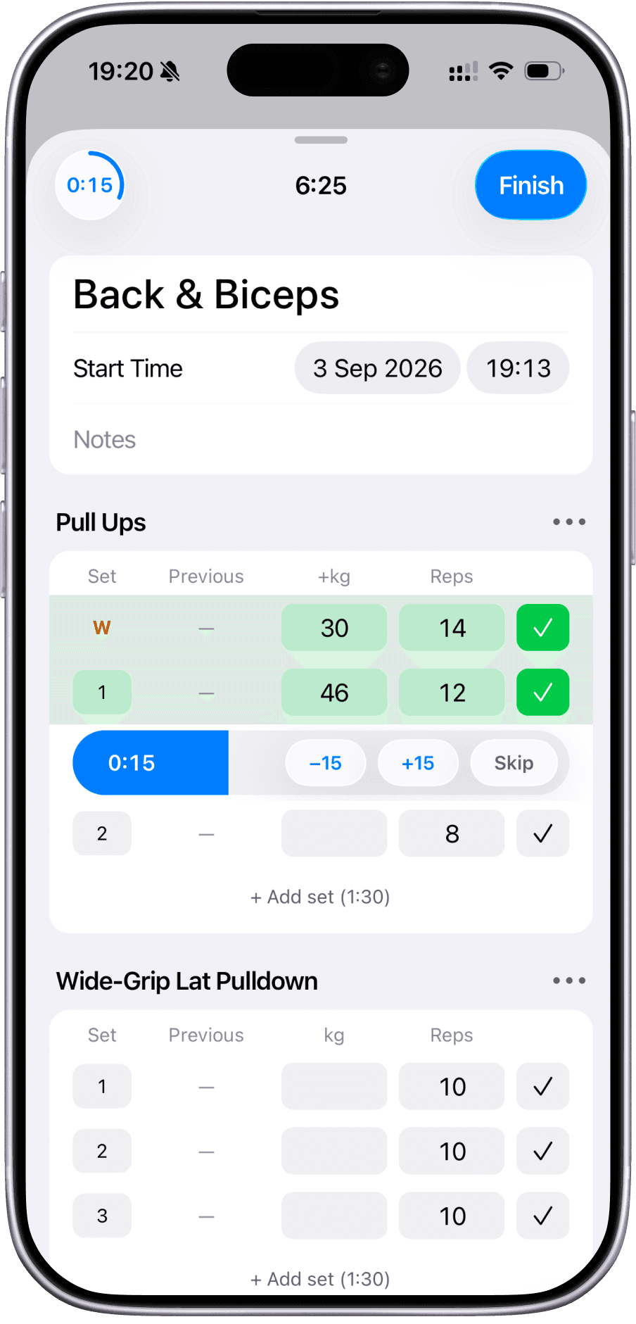 Logging sets in a Back & Biceps workout with the rest timer running